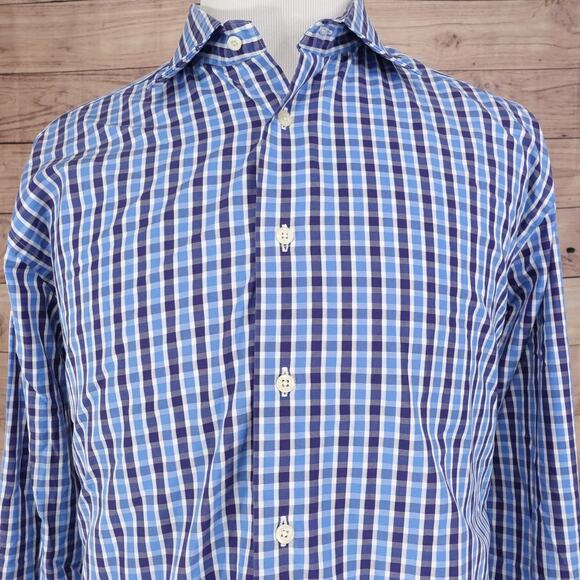 DAVID DONAHUE BLUE CHECK BUTTON UP DRESS SHIRT MENS 17.5 34/35 FRENCH CUFF - Picture 1 of 8